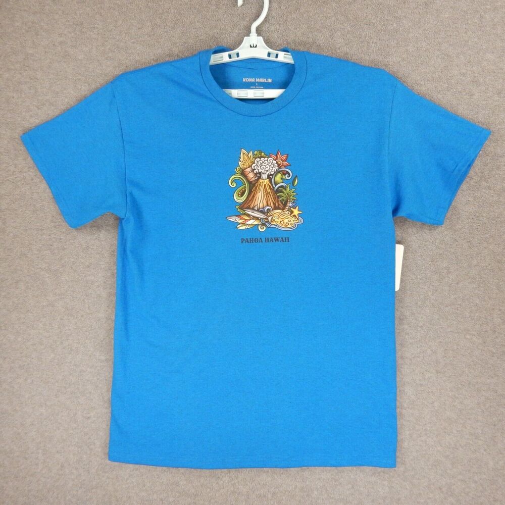 Pahoa Hawaii Volcano Mens TShirt Large Blue Kilauea Surf Big Island Kona Marlin